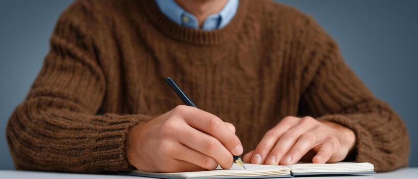 Person Writing Notes in a Notebook with a Sweater and Pen photo