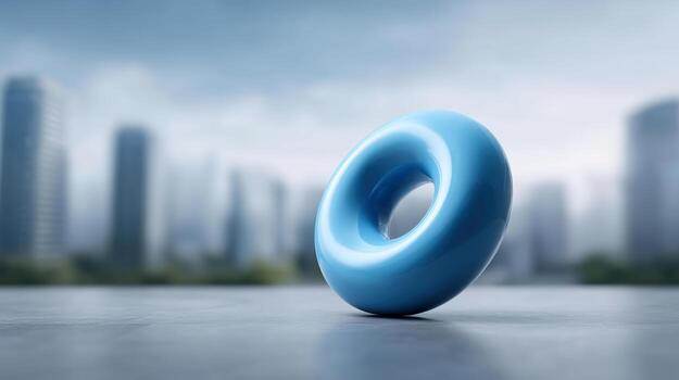 Calm Blue 3D Abstract Shape in Urban Environment with Skyline Background photo