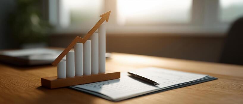 Growth Chart on Wooden Desk with Documents and Pen in Soft Light photo