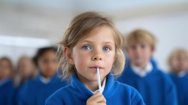 Thoughtful Young Student in Class with Peers in Blue Sweaters photo