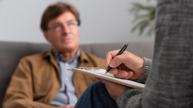 Note-Taking During Intense Listening Session with Patient in Focus photo