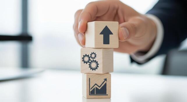 Executive hand stacking wooden blocks with arrow gears and graph icons on a bright table symbolizing photo