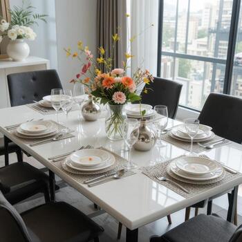 Elegant Dining Table Setup With Floral Arrangement and City View Backdrop in Modern Apartment photo