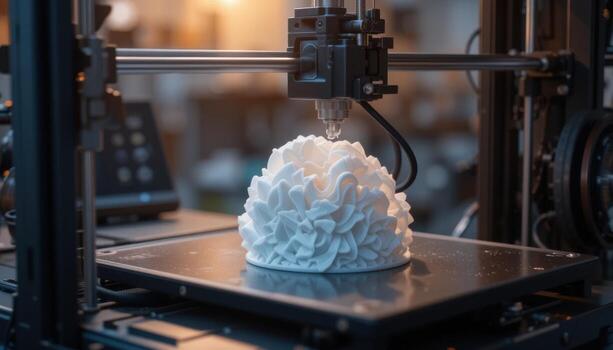 3D Printer Creating Intricate White Sculpture in Workshop During Afternoon Light photo