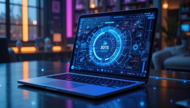 Futuristic Laptop Display Showing Data Analysis in a Modern Tech Environment Illuminated by Colorful Lights photo