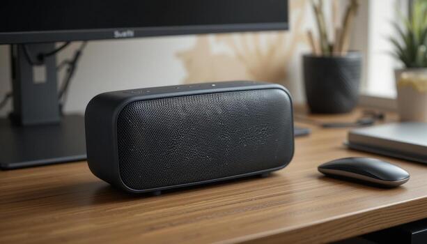 Bluetooth Speaker on a Wooden Desk Next to a Computer and Plant During Daylight photo
