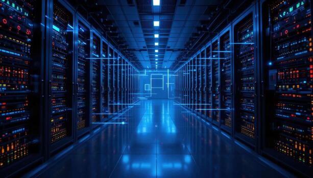Data Center Hallway Illuminated With Blue Lights Showcasing Advanced Server Technology and Infrastructure photo