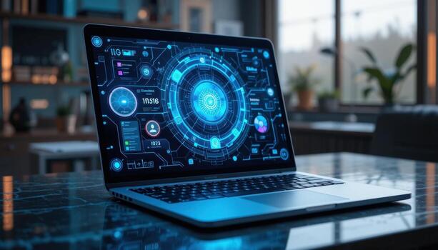 High-tech Laptop Displaying Futuristic Interface in Modern Workspace With Natural Light photo