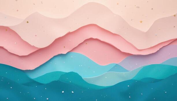 Colorful Layered Paper Mountains Create a Serene Landscape With a Soft Pastel Palette and Gentle Textures photo
