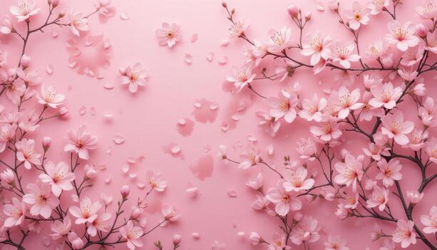 Cereza flores dispersado en un suave rosado antecedentes durante primavera en un tranquilo ajuste foto