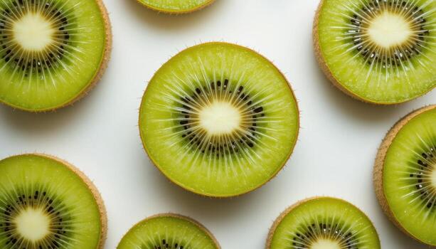 Freshly Sliced Kiwi Fruit Displayed in a Symmetrical Arrangement on a White Background photo