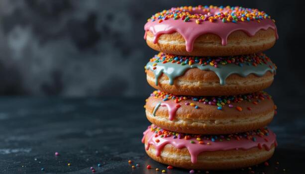 Colorful Stacked Donuts With Sprinkles on a Dark Surface photo