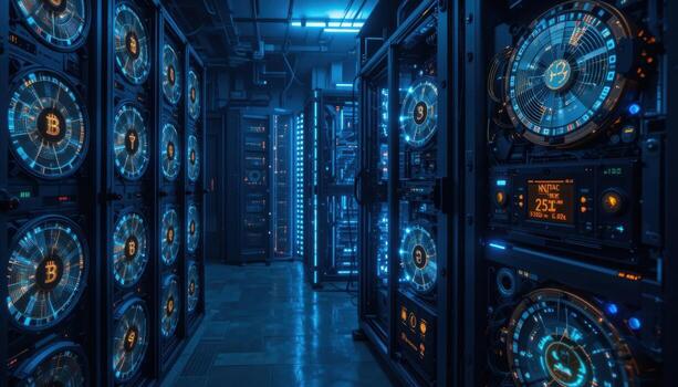 Futuristic Cryptocurrency Mining Facility Showcasing Advanced Technology and Digital Graphics photo