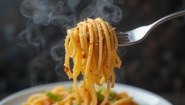 Delicious Plate of Steaming Pasta Served on a Fork With Aromatic Herbs in a Cozy Dining Setting photo