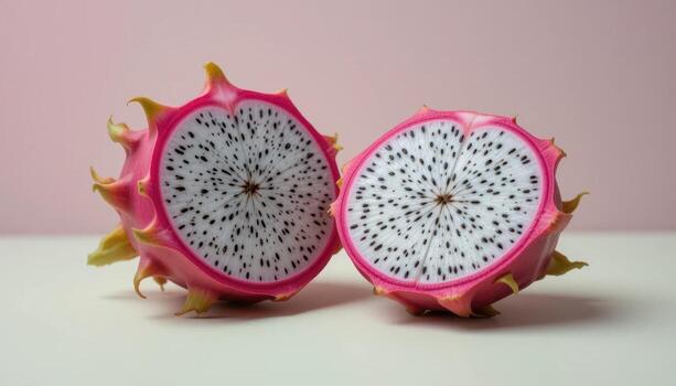 Vibrant Dragon Fruit Halves Showcasing Unique Patterns Against a Soft Pastel Background photo
