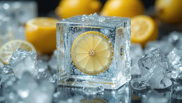 Visual Composition Featuring a Lemon Slice Encased in Ice Amidst Crushed Ice and Whole Lemons photo