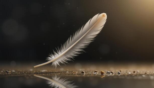 Delicate Feather Floating Gracefully Above a Reflective Surface in Soft Natural Light photo