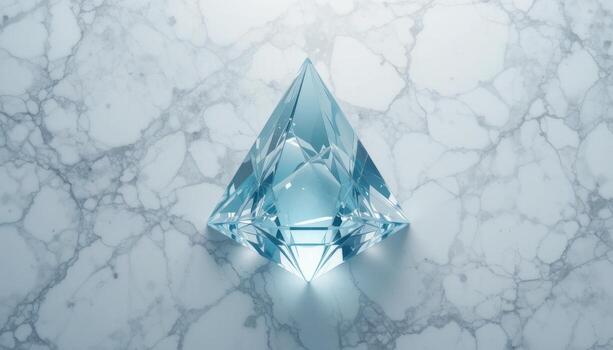 Elegant Blue Crystal Pyramid Resting on a Marble Surface With Intricate Patterns and Textures photo