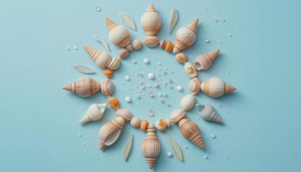 Shells Arranged in a Circular Pattern on a Light Blue Background With Small Pebbles and Leaves photo