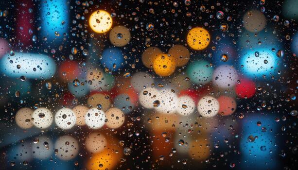 Raindrops on Glass Creating a Blurry View of Colorful City Lights at Night photo