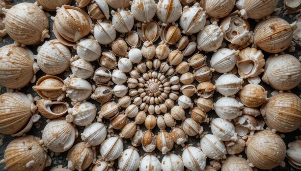 Intricate Spiral Arrangement of Seashells Showcasing Diverse Textures and Colors on a Flat Surface photo