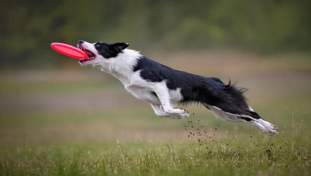 Excited Border Collie Leaps for a Frisbee in a Grassy Field During a Sunny Day photo
