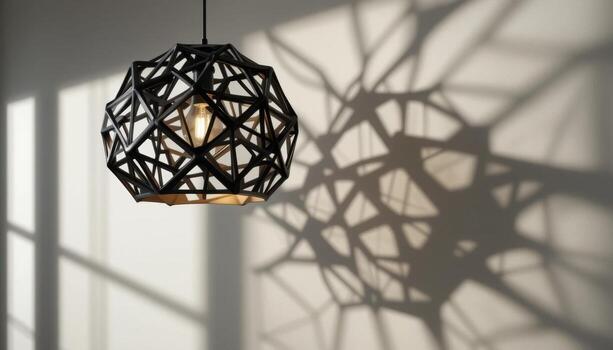 Unique Geometric Lamp Casting Intricate Shadows on a Wall in Bright Indoor Setting photo