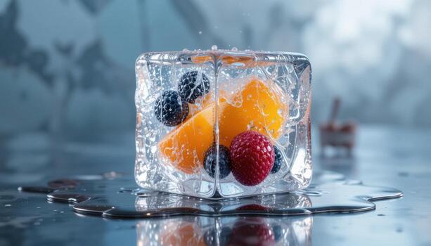 Refreshing Fruit Trapped in Ice Cube on a Cool Surface With Water Droplets and Vibrant Colors photo
