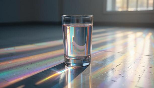 Clear Glass of Water Reflecting Sunlight on a Wooden Floor With Colorful Patterns photo