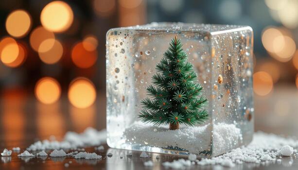 Miniature Christmas Tree in Ice Cube With Snow Decoration and Warm Bokeh Lights in Background photo