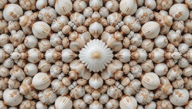 A Vast Collection of Intricately Patterned Seashells Arranged in a Symmetrical Design on a Light Background photo