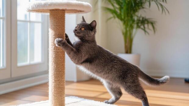 gris gato en broma alpinismo y rascarse un alto gato árbol en un iluminado por el sol habitación foto