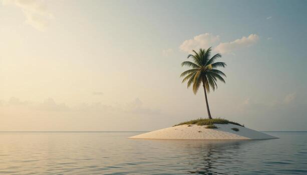 Serene Palm Tree Standing Alone on a Small Sandy Island During Sunrise Over Calm Ocean Waters photo