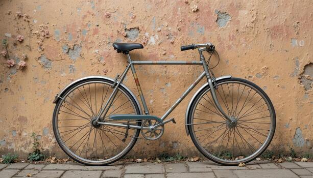 Vintage Bicycle Leaning Against a Weathered Wall in a Quaint Urban Setting During Daylight Hours photo