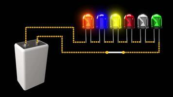flera olika färgrik lysdioder serier förbindelse med batteri och växla, 3d elektrisk projekt animation, enkel krets diagram, färgrik Glödlampa lysande video
