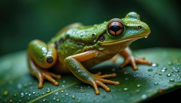 Green Frog Resting on a Leafy Surface Covered in Raindrops During a Humid Evening in a Tropical Rainforest photo