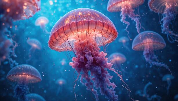 Underwater Scene Teeming With Vibrant Jellyfish Illuminated by Soft Blue Light photo