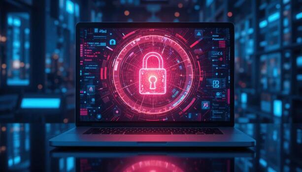 Digital Lock With Glowing Graphics Displayed on a Laptop Screen in a Modern Data Center Environment photo