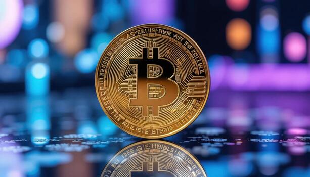 Bitcoin Coin on Reflective Surface With Colorful Lights in Background, Showcasing Digital Currency Trends photo