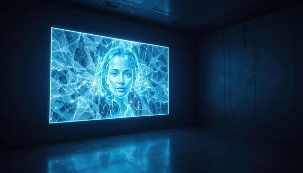 Digital Art Installation Featuring a Glowing Blue Portrait in a Modern Gallery Space photo