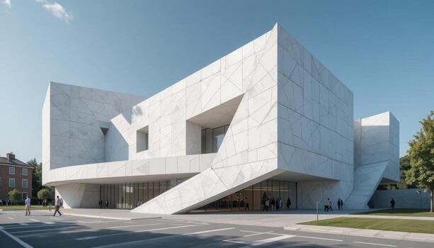 único moderno arquitectura de un blanco mármol edificio con angular diseño durante luz foto