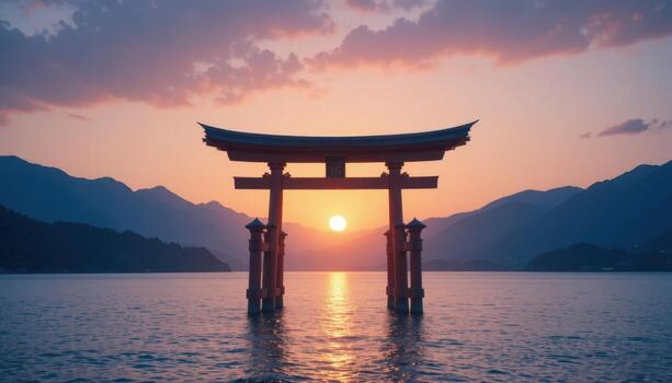 Stunning Sunset Over the Serene Waters With a Torii Gate Silhouette in the Background photo