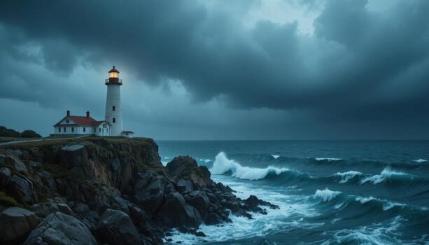 Lighthouse Stands Tall Against Stormy Skies and Crashing Waves at Coastal Location Near Dusk photo