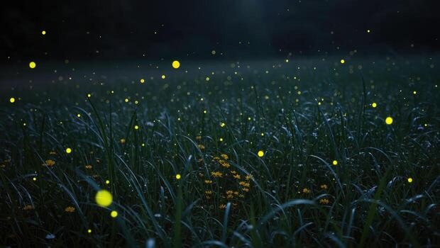 Fireflies Illuminate a Meadow at Dusk, Creating a Magical, Glowing Scene in Nature photo