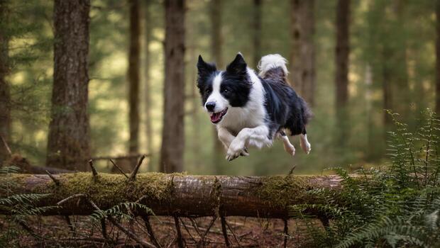 Border Collie Leaps Over a Fallen Log in a Serene Green Forest Setting photo