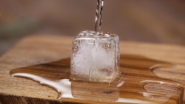 Water Pouring Over a Clear Ice Cube on Wooden Surface With Melted Droplets photo