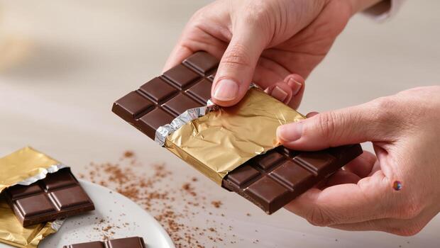 Enjoying a Moment of Indulgence by Unwrapping a Rich Chocolate Bar in a Cozy Kitchen photo