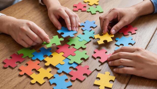 Collaborative Puzzle Solving With Colorful Pieces on a Wooden Table photo