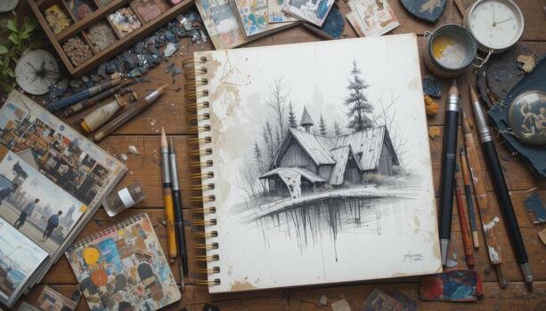 Sketch of an Old Cabin by a Forest on a Cluttered Artist's Desk With Various Drawing Tools photo