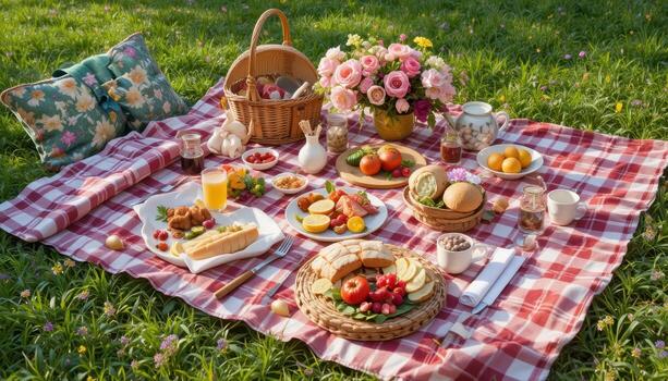Delightful Picnic Setup With Fresh Food and Flowers on a Sunny Day in the Park photo